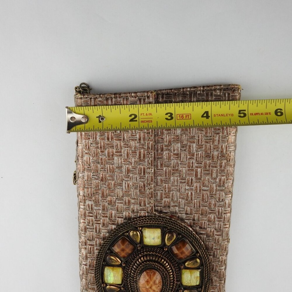 Vintage Mochi Bronze Wozen Embellished Straw Clutch Purse Bag Medallion Boho - Picture 3 of 10